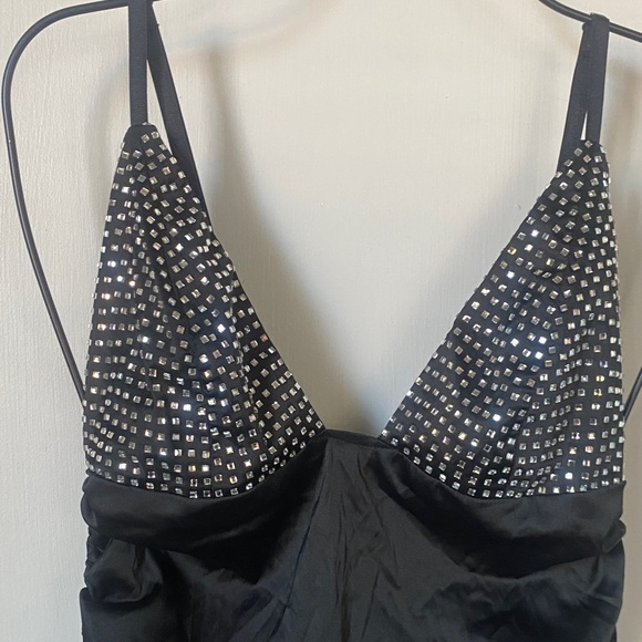 For Love And Lemons - Rouched Satin Black Mini Dress w/ Bedazzled Cups - Picture 4 of 13
